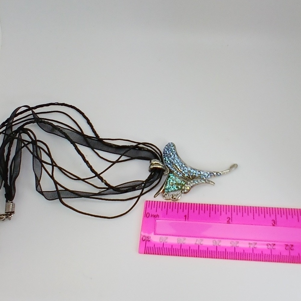 Blue Rhinestone Butterfly Pendant Multi Strand Black Ribbon Necklace Chocker NOS - Picture 12 of 17